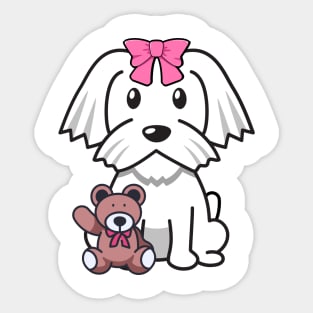 Cute white dog is holding a teddy bear Sticker